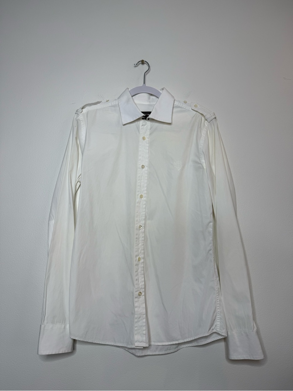 Gucci dress shirt Frida Giannini era Green/red Web trim Military-style shoulder